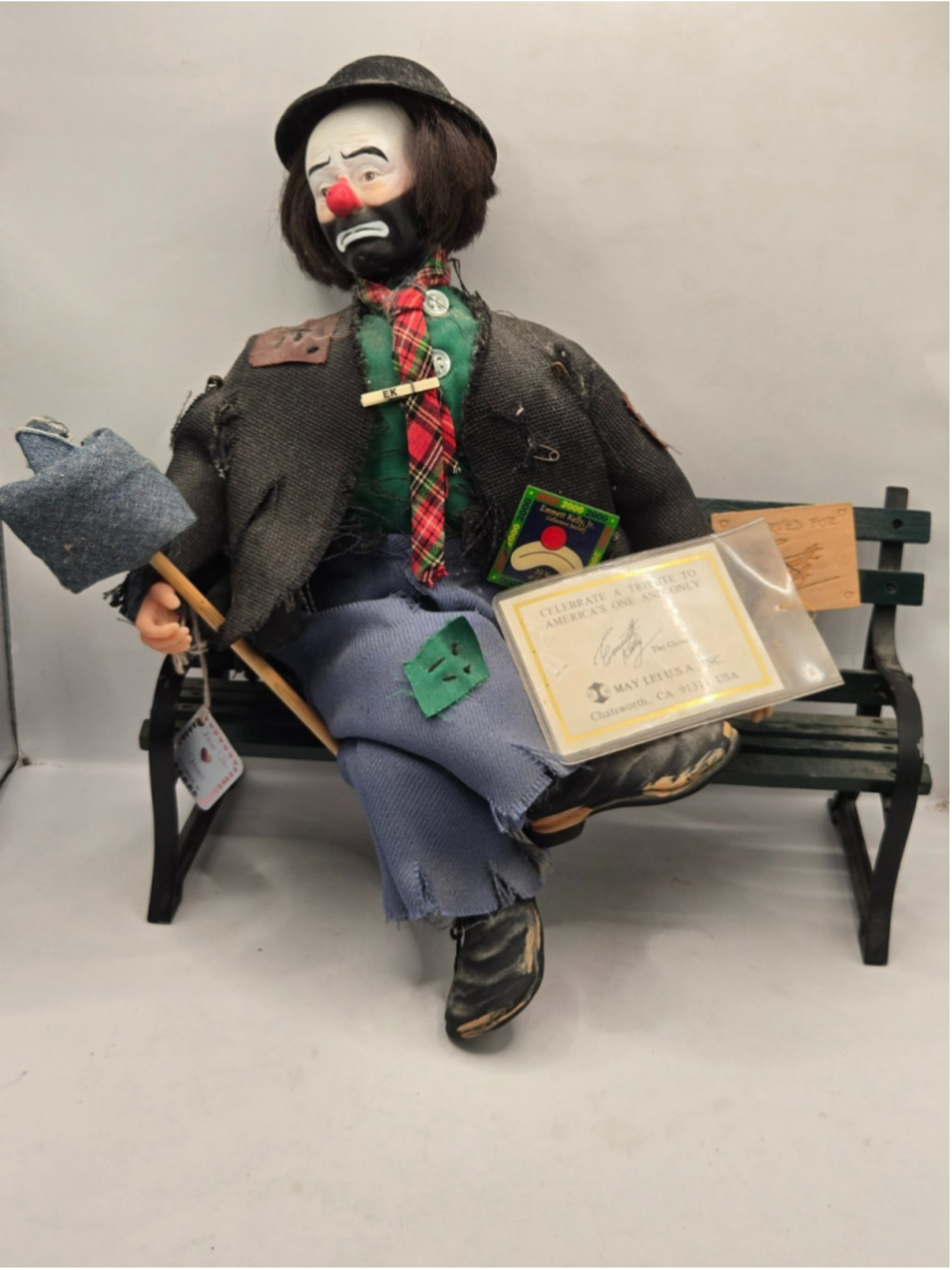 Vintage Emmett Kelly Jr Weary Willie Hobo Clown Musical Doll Park Bench May Lei